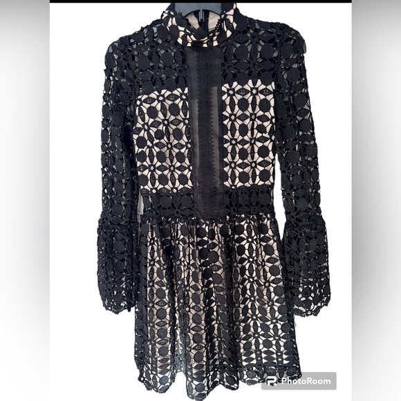 Eilly Bazar Black Mesh Insert Mock Neck Flounce Sleeve Lace Dress Size Small - Picture 7 of 9